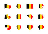 Belgium flag - flat collection. Flags of different shaped twelve flat icons.