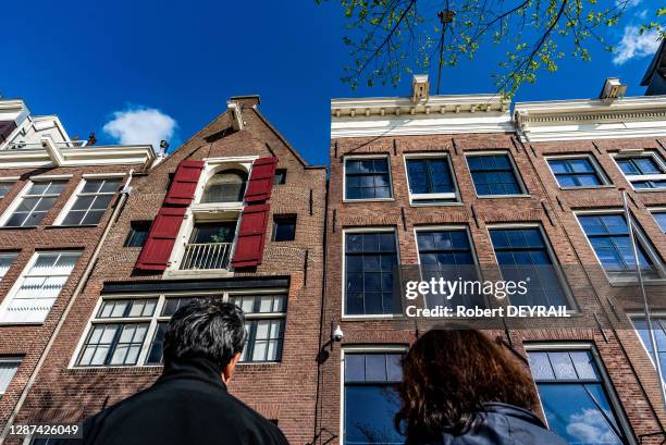 Touristes devant la maison d'Anne Frank le 25 avril 2018, Amsterdam, Pays-Bas.