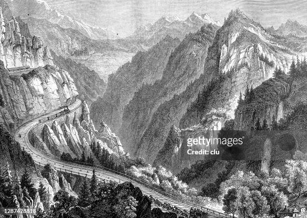 col du mont cenis railway - french landscape stock illustrations
