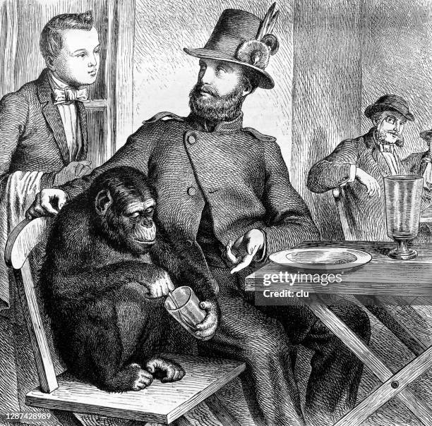 man with a monkey sitting in a restaurant - monkey isolated stock illustrations