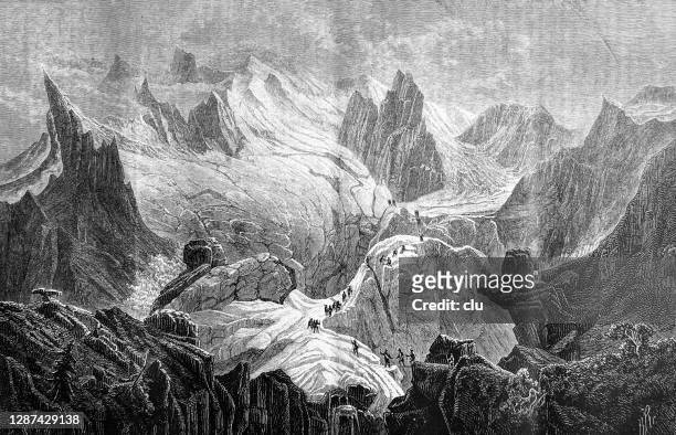 glaciers of the montblanc - mont blanc stock illustrations