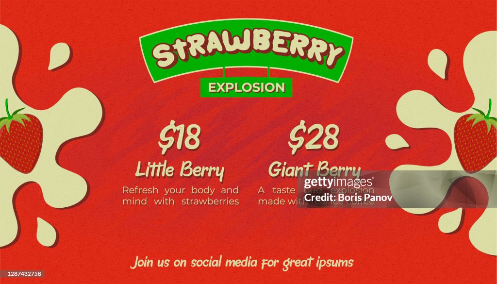 Strawberry and Cream Banner or Flyer Template For Food Menu Or Promo Poster Template with Splash of Milk