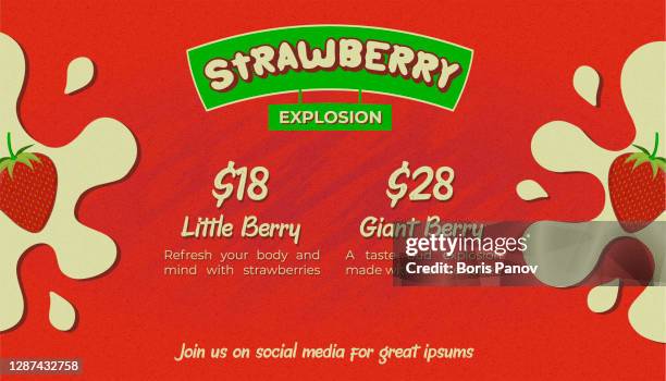 strawberry and cream banner or flyer template for food menu or promo poster template with splash of milk - strawberry shortcake stock illustrations
