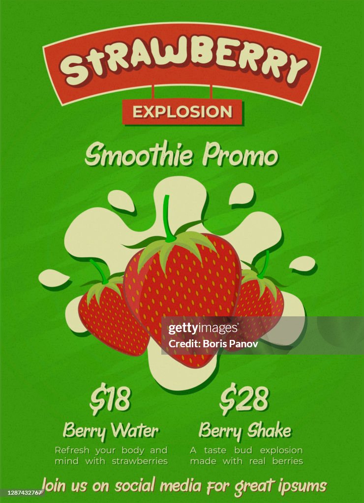 Green and Red Strawberry and Ice Cream Banner or Flyer Template For Restaurant Food Menu Or Promo Poster Template with Splash of Milk