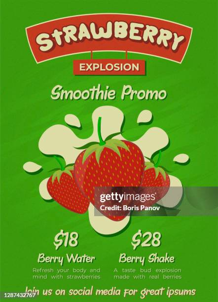 green and red strawberry and ice cream banner or flyer template for restaurant food menu or promo poster template with splash of milk - strawberry shortcake stock illustrations