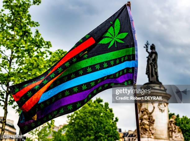 Drapeau à fleurs de chanvre lors de la Cannaparade pour la dépénalisation du cannabis, Place de République le 12 mai 2018, Paris, France.