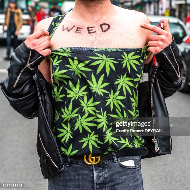 Jeune homme portant l'inscription sur son torse "WEED" et un tshirt imprimé de feuilles de chanvre lors de la Cannaparade pour la dépénalisation du...