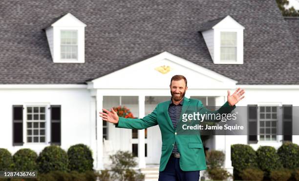 Dustin Johnson of the United States reacts during the Green Jacket Ceremony after winning the Masters at Augusta National Golf Club on November 15,...
