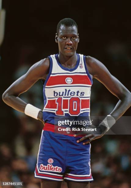 Manute Bol, Center for the Washington Bullets during the NBA Pacific Division basketball game against the Los Angeles Lakers on 5th January 1986 at...