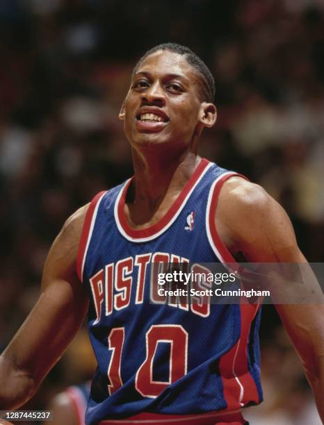 Dennis Rodman, Power Forward for the Detroit Pistons during the NBA Central Division basketball game against the Atlanta Hawks on 16th December 1986...