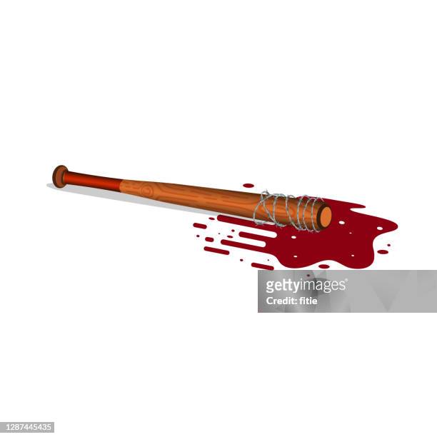 baseball bat with barbed wire and a puddle of blood. - sports bat stock illustrations