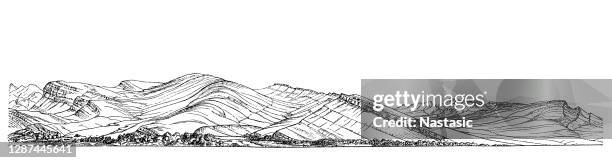 groups of hills, made up of massive upright layers, seen from vrain creek in colorado - longmont stock illustrations