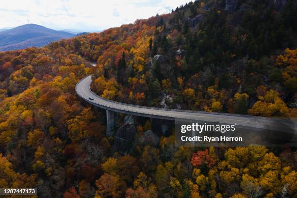 luft eines kurvenreichen highways durch einen wald im herbst - suv berg stock-fotos und bilder