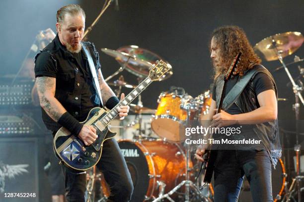 James Hetfield and Kirk Hammett of Metallica perform during KROQ's Weenie Roast y Fiesta at Irvine Meadows Amphitheatre on May 17, 2008 in Irvine,...