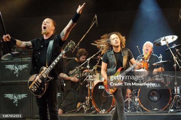 James Hetfield, Kirk Hammett, and Lars Ulrich of Metallica perform during KROQ's Weenie Roast y Fiesta at Irvine Meadows Amphitheatre on May 17, 2008...