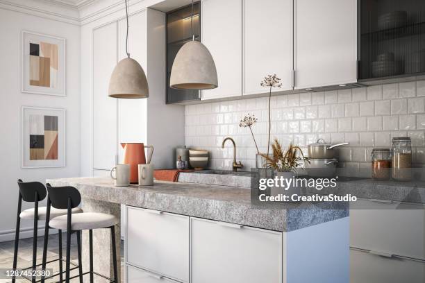 modern kitchen interior stock photo - beautiful white kitchen stock pictures, royalty-free photos & images