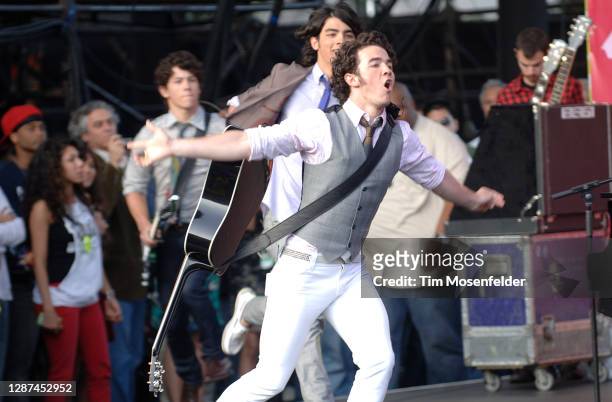 Nick Jonas, Joe Jonas, and Kevin Jonas of Jonas Brothers perform during 102.7 KIIS FM's Wango Tango at Irvine Meadows Amphitheatre on May 10, 2008 in...