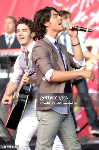 Kevin Jonas and Joe Jonas of Jonas Brothers perform during 102.7 KIIS FM's Wango Tango at Irvine Meadows Amphitheatre on May 10, 2008 in Irvine,...