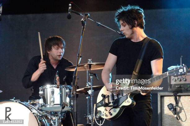 Patrick Keeler and Jack White of The Raconteurs perform during KROQ's Weenie Roast y Fiesta at Irvine Meadows Amphitheatre on May 17, 2008 in Irvine,...