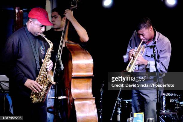American jazz saxophonist Donald Harrison performs live on stage with trumpeter Christian Scott at PizzaExpress Jazz Club in Soho, London on 7th...