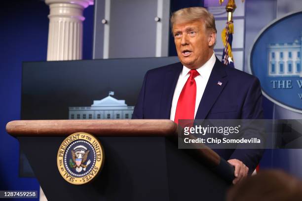President Donald Trump speaks to the press in the James Brady Press Briefing Room at the White House on November 24, 2020 in Washington, DC. Trump...