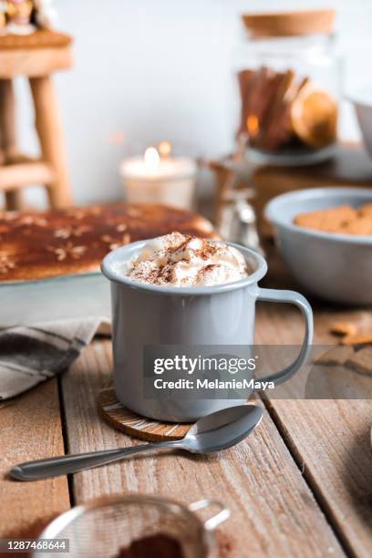 cozy hot chocolate with gingerbread and cocoa powder - christmas mug stock pictures, royalty-free photos & images