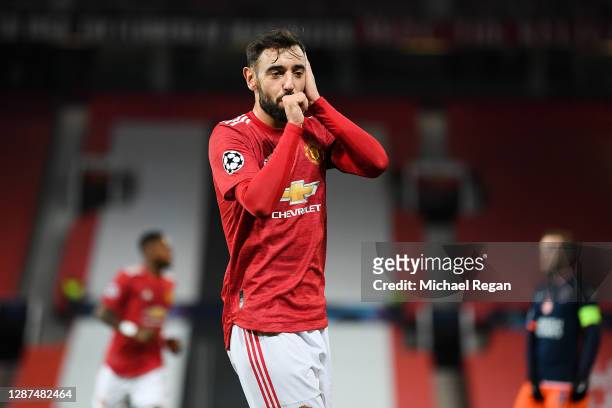 Bruno Fernandes of Manchester United celebrates after scoring their sides second goal during the UEFA Champions League Group H stage match between...