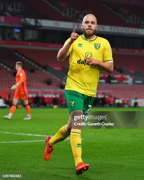 Teemu Pukki of Norwich City celebrates after scoring their team's third goal during the Sky Bet Championship match between Stoke City and Norwich...