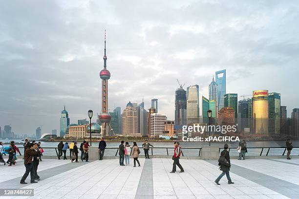 the pudong skyline in shanghai. - shanghai foto e immagini stock