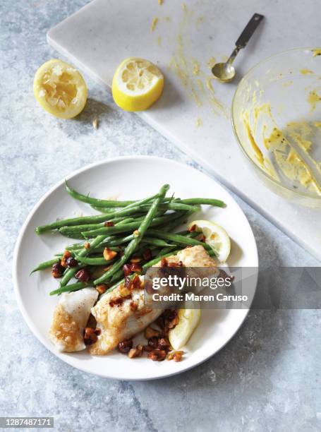 halibut meal - green bean stock pictures, royalty-free photos & images