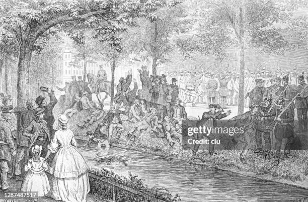 dusseldorf canal, leisure time - tree line drawing stock illustrations