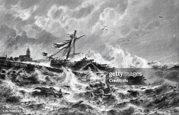 destroyed ship in heavy seas - ship wreck stock illustrations