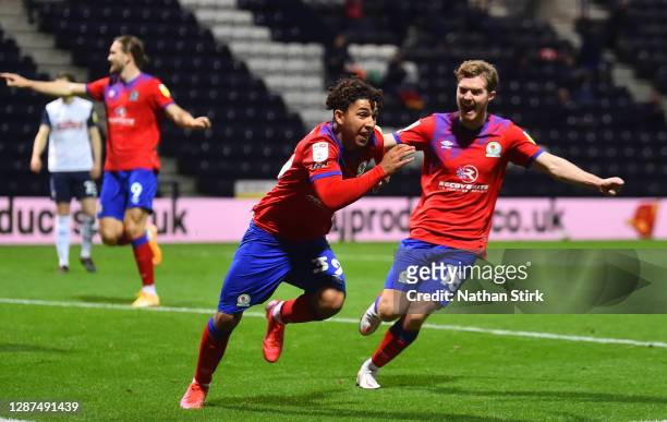 Tyrhys Dolan of Blackburn Rovers celebrates after scoring their sides third goal with Jacob Davenport during the Sky Bet Championship match between...