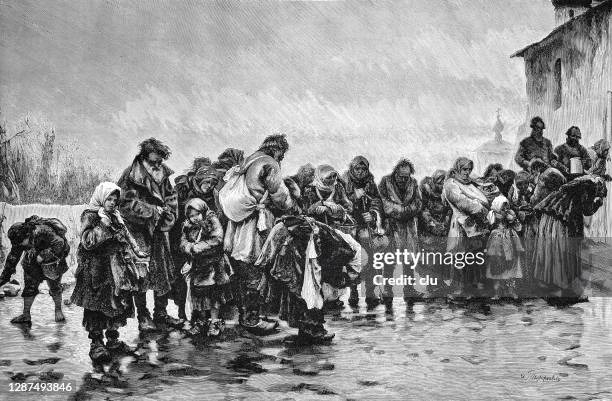 needy people waiting in front of a church - poverty stock illustrations