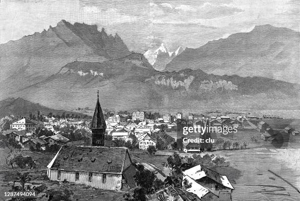 meiringen, switzerland, before the fire - swiss train stock illustrations