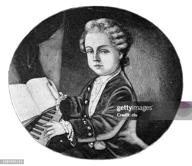 ilustraciones, imágenes clip art, dibujos animados e iconos de stock de wolfgang amadeus mozart, en el momento de sus primeras apariciones - amadeus