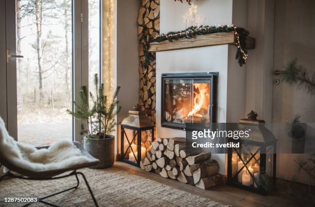 cozy place for rest - fireplace imagens e fotografias de stock