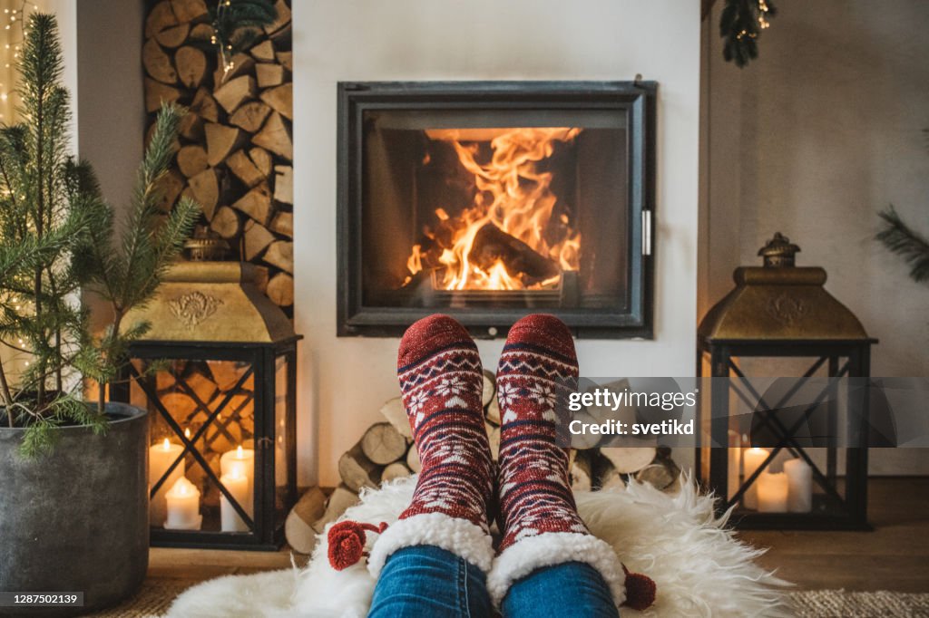 Winter day by fireplace