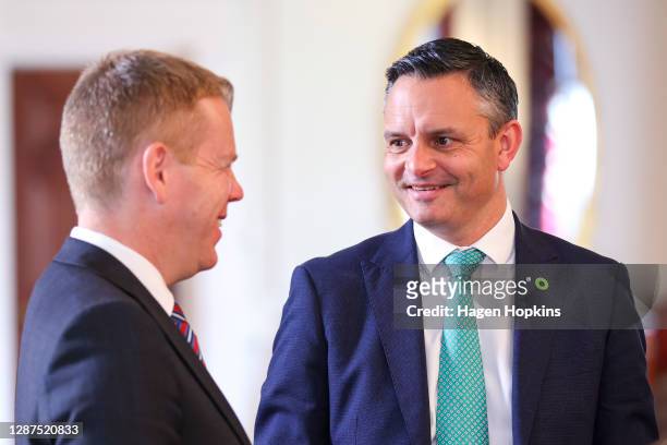 Labour MP and Minister Chris Hipkins and Green Party co-leader James Shaw talk prior to the confirmation ceremony for Speaker of the House as part of...