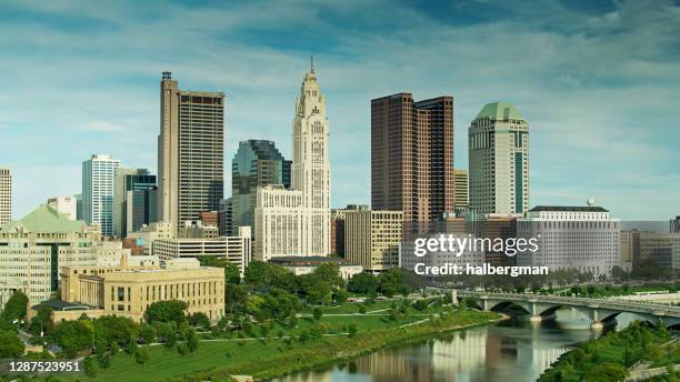 riverside parks and the downtown skyline of columbus, ohio - aerial - columbus ohio aerial stock pictures, royalty-free photos & images