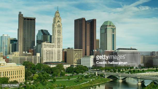 riverside parks and downtown columbus, ohio - aerial - columbus ohio aerial stock pictures, royalty-free photos & images