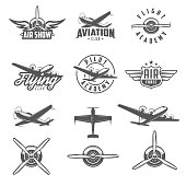 Set of airplane show labels and elements.