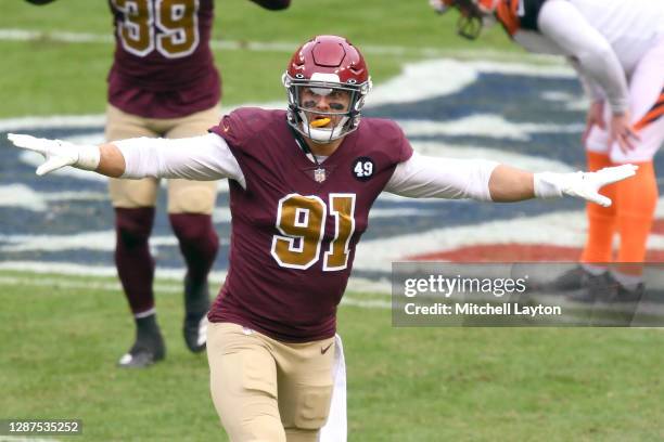 Ryan Kerrigan of the Washington Football Team reacts to a play during a NFL football game against the Washington Football Team on November 22, 2020...