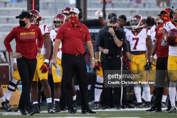 Head coach Clay Helton of the USC Trojans watches during the PAC-12 football game against the Arizona Wildcats at Arizona Stadium on November 14,...