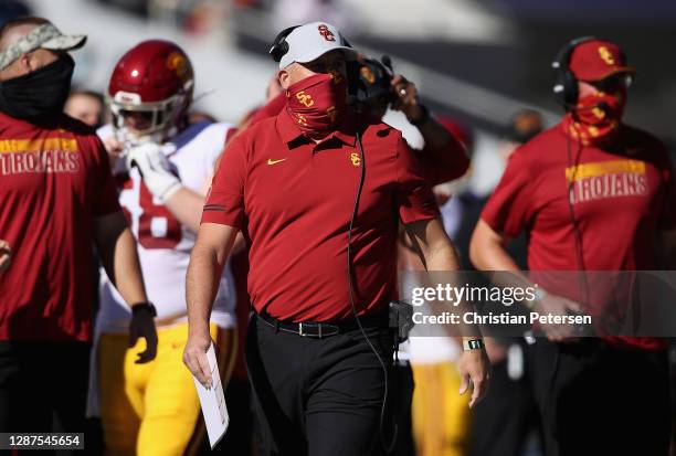 Head coach Clay Helton of the USC Trojans watches during the PAC-12 football game against the Arizona Wildcats at Arizona Stadium on November 14,...