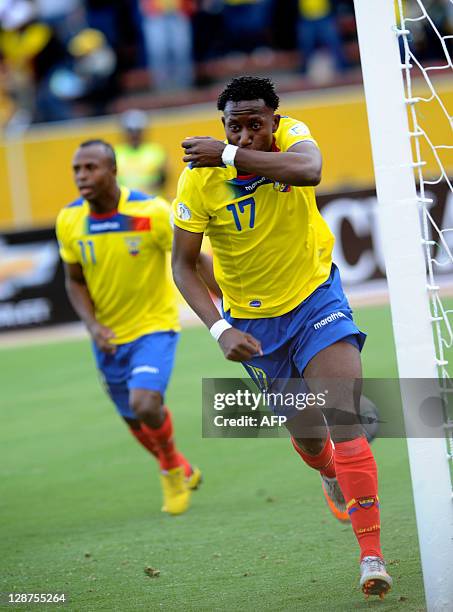 Ecuadorean forward Jaime Ayovi celebrates after scoring the first goal of a Brazil 2014 FIFA World Cup South American qualifier match against...