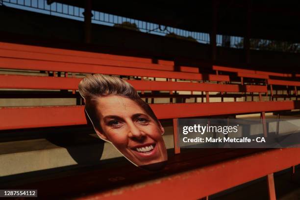 Cardboard head of Elyse Villani of the Stars sits in a stand before the Women's Big Bash League WBBL Semi Final match between the Melbourne Stars and...