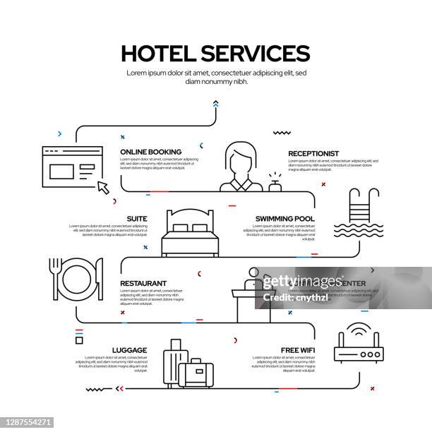 hotel services and facilities related process infographic design, linear style vector illustration - big screen presentation stock illustrations