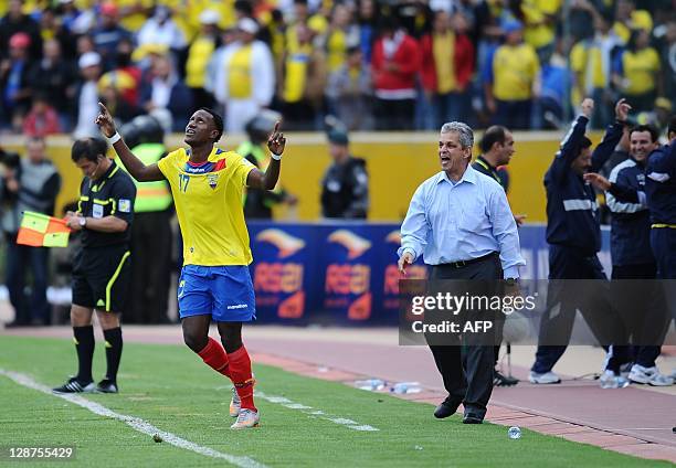 Ecuadorean forward Jaime Ayovi celebrates after scoring against Venezuela during a Brazil 2014 FIFA World Cup South American qualifier match held at...