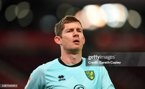 Michael McGovern of Norwich during the Sky Bet Championship match between Stoke City and Norwich City at Bet365 Stadium on November 24, 2020 in Stoke...